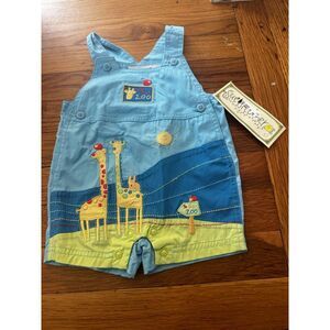 Vintage Sue Dreamer Blue day At The Zoo Overalls Unisex 3/6 Months Giraffes NWT‎